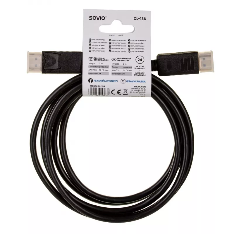 DisplayPort kábel SAVIO CL-136, DisplayPort samec–samec, 2 m, DP 1.2, pozlátené kontakty, čierny