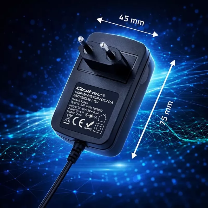 Nabíjačka batérií QOLTEC Model 52660 — 6V/12V, 6W nabíjačka