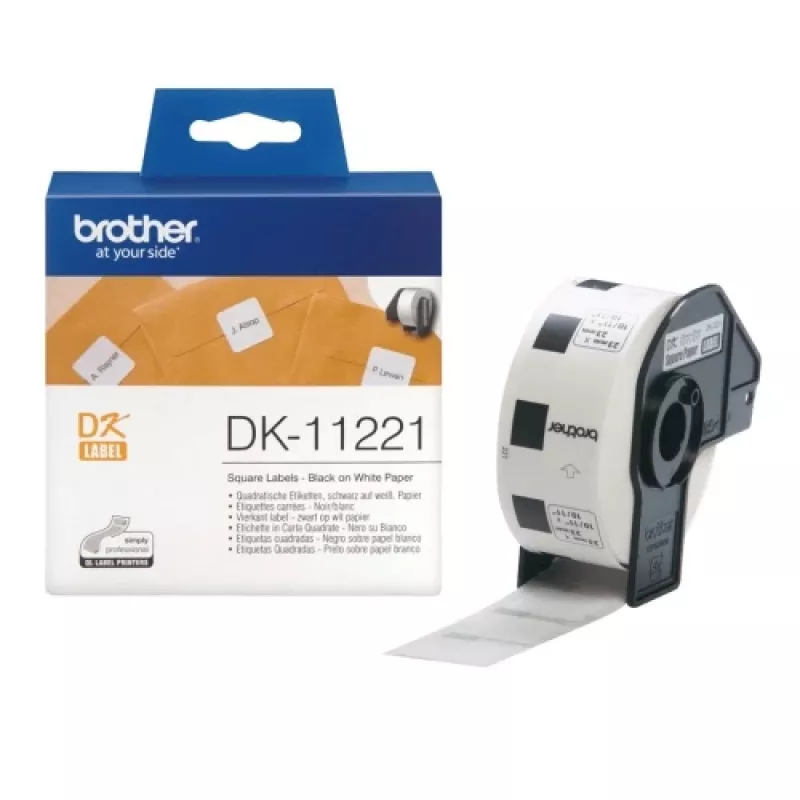 Brother DK-11221 (DK11221) etikety, štvorcové, čierna na bielu, 23 mm, 1000 etikiet na rolku