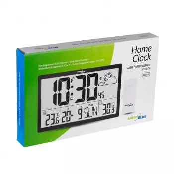 Nástenné hodiny GreenBlue GB218 — extra veľký LCD, meteorologická stanica, vnútorné/vonkajšie teploty, zobrazenie dátumu
