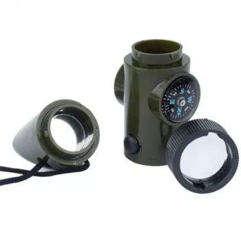 Multifunkčná survival píšťalka Mil-Tec SP.22073 — 6-in-1 oliv, kompas, teplomer, zrkadlo, lupa, svetlo, 100×35×30 mm