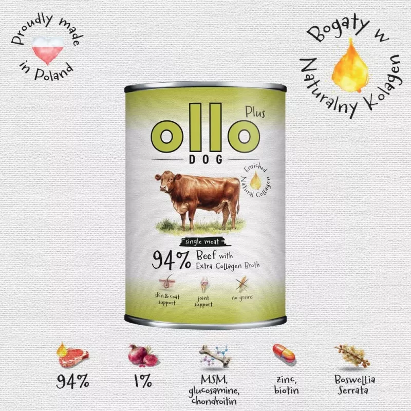Ollo Plus kolagén hovädzie 400g konzerva mokrého krmiva pre psov