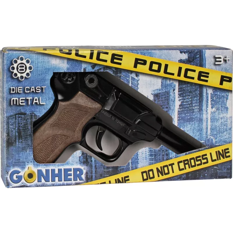 Kovový hračkársky policajný revolver Gonher 8-ranný, kovová konštrukcia, model 258441
