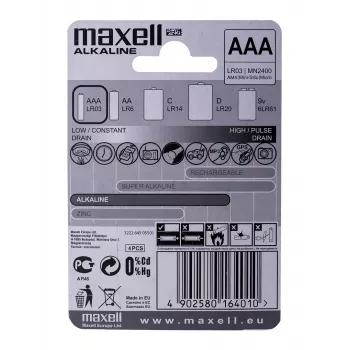 Batéria Maxell alkalická LR-03 AAA, balenie 4 ks, jednorazová batéria
