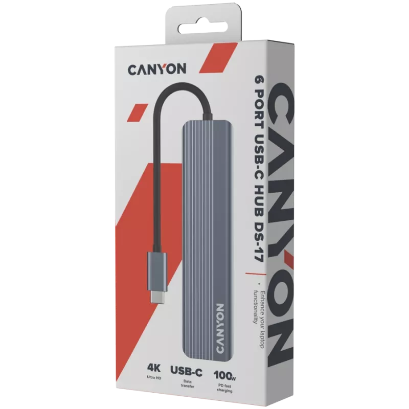 USB Type-C hub CANYON DS-17 — HDMI, USB 3.2 Gen 1 A, USB-C, MicroSD, 10000 Mbit/s, sivý