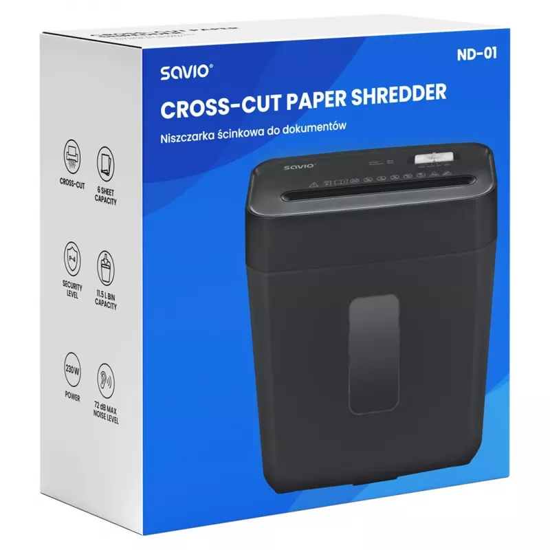 Skartovačka SAVIO ND-01, krížový rez 4 x 32 mm, nádoba 11 l, 230 W, čierna, 72 dB