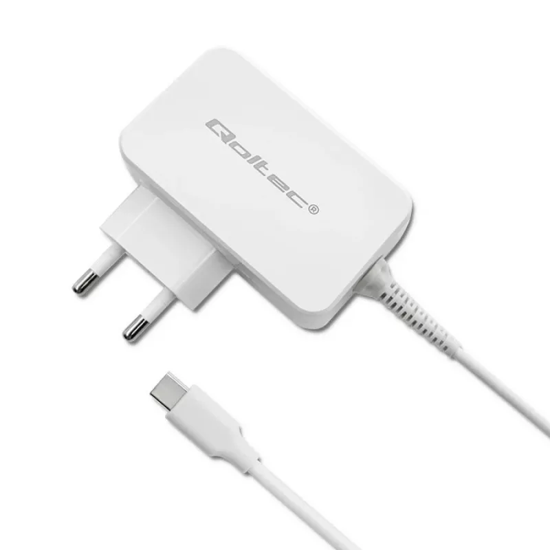 Qoltec 51039 napájací adaptér 65 W USB-C PD, 5–20,3 V, 2–3,25 A, vstavaný kábel USB-C, biely