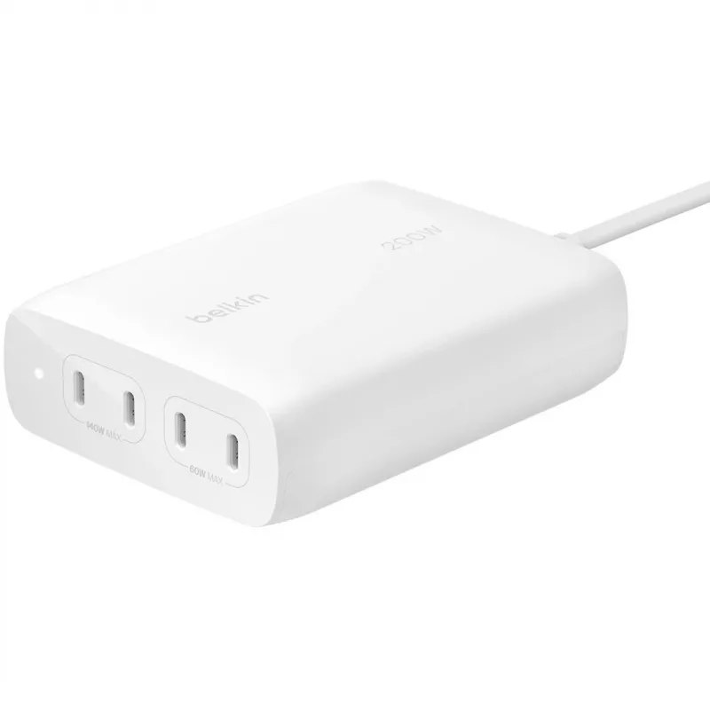 Belkin BoostCharge Pro 200 W 4-portová USB-C GaN nástenná nabíjačka, biela (WCH015VFWH)