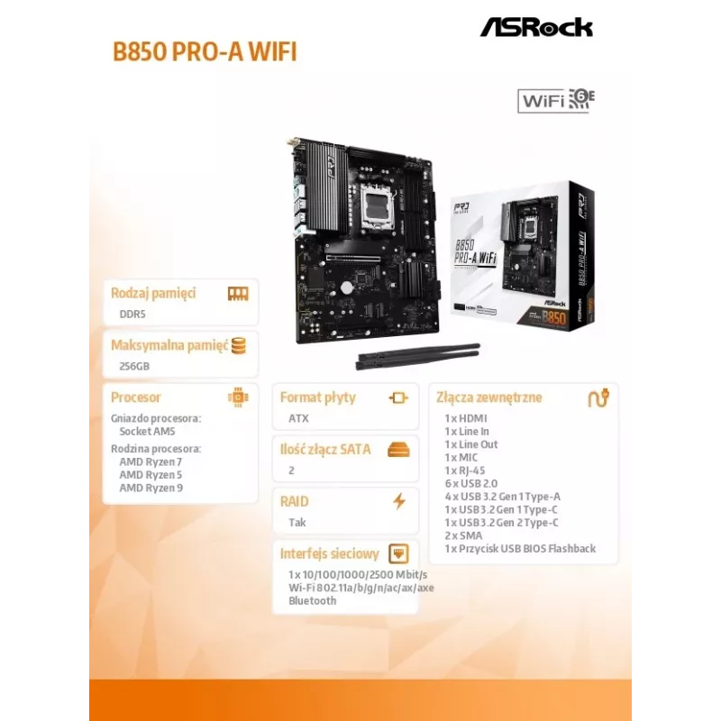 Základná doska ASRock B850 Pro-A WiFi AMD B850 Socket AM5 ATX