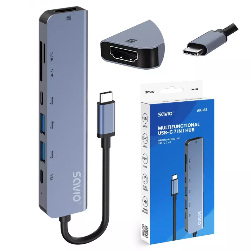 USB Type-C hub SAVIO AK-82 s HDMI, MicroSD, USB 3.2 Gen1, PD priechod, 4K@30Hz, 5000 Mbit/s, čierny