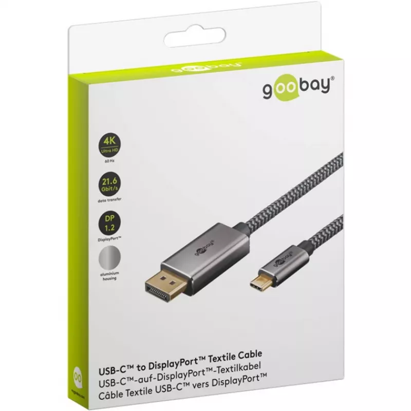 USB adaptérový kábel, USB-C konektor samec > DisplayPort konektor samec, 4K 60 Hz (čierna/strieborná, 2 metre, pletený kábel)