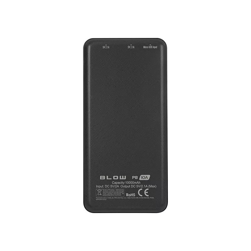 Prenosná powerbanka BLOW PB10A 10000mAh polymérová batéria, 2x USB-A výstupy, 22,5W celkový výkon, Micro-USB vstup, čierna
