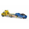 Bruder MB Sprinter autotransportér so svetelným a zvukovým modulom, oranžový/modrý, vrátane roadstera