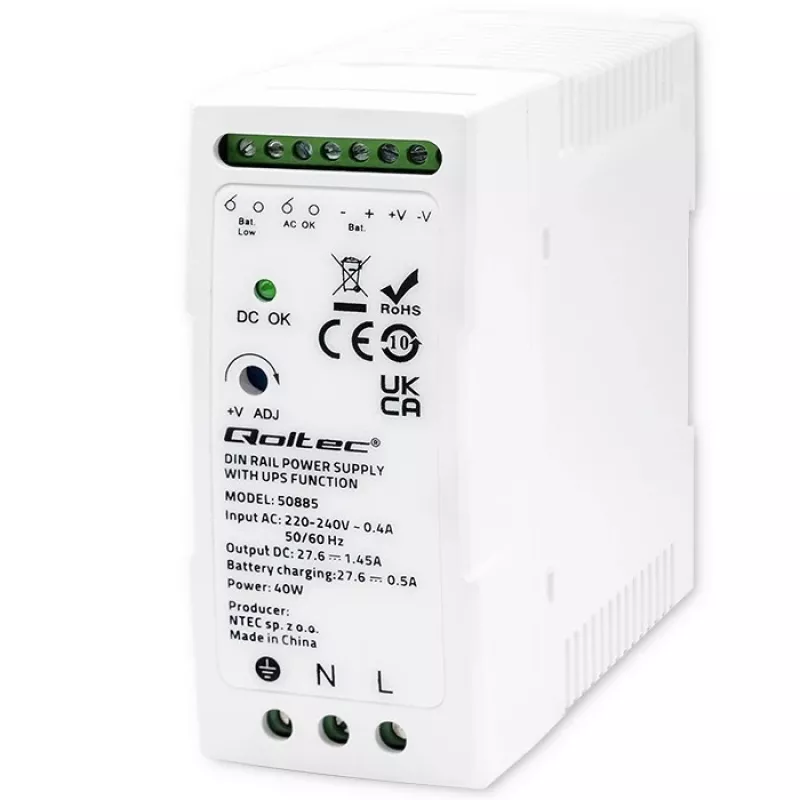 Qoltec 50885 Stabilné napájanie na lištu DIN s funkciou UPS | 40W