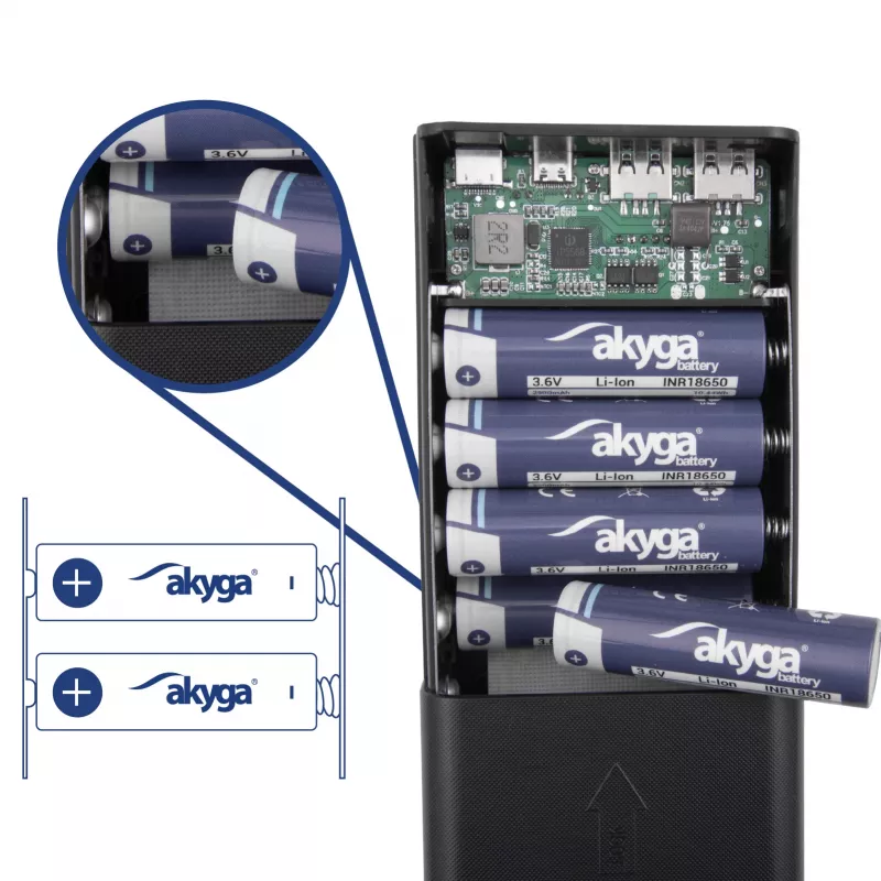 Akyga AK-BC-05 Skrinka na powerbanku 37000 mAh, 12x 18650, 22,5W, Qi, USB-C, 2x USB-A, Lightning