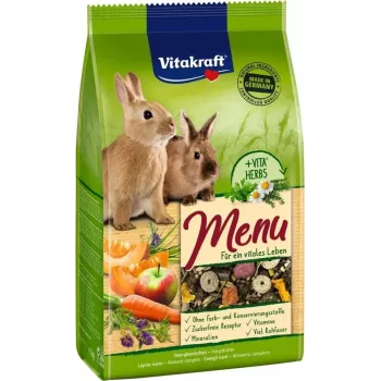 Kompletné granulované krmivo pre králiky Vitakraft Menu Vital 3 kg — dospelé, obilná príchuť, 12,5 % vlákniny, podpora trávenia, vrece