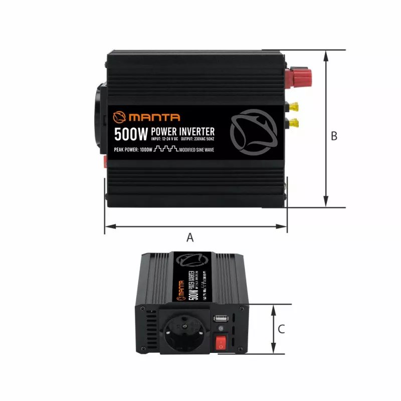 Napäťový menič MANTA MPI500M 500W trvalý výkon / 1000W špičkový výkon DC na AC