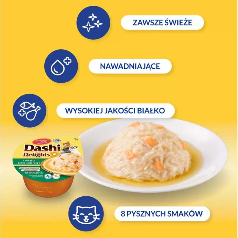 INABA Dashi Delights kura s bonito vločkami v bujóne – maškrty pre mačky – 70 g