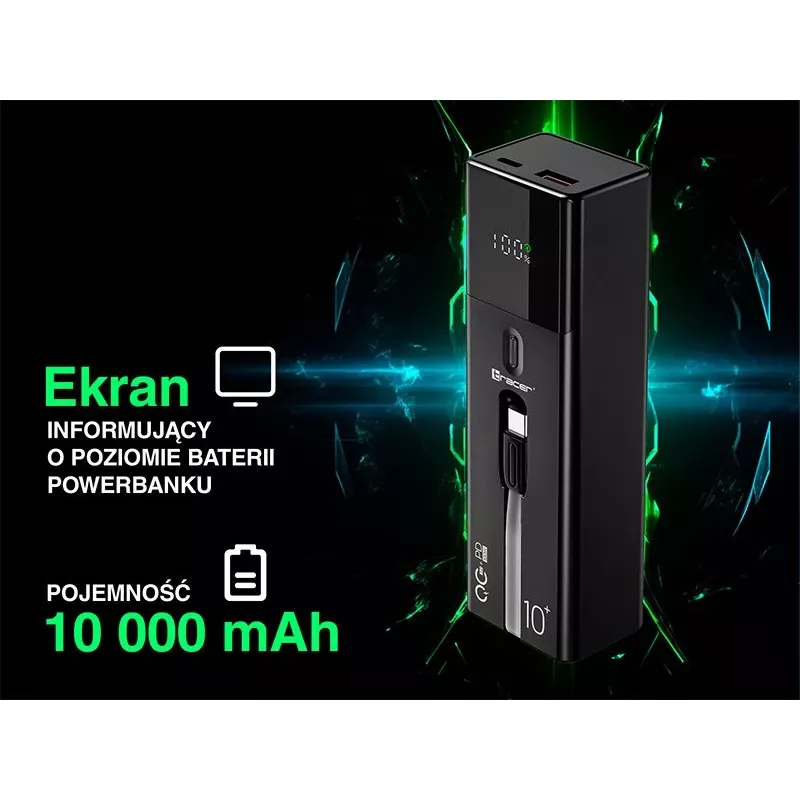 Prenosná powerbanka TRACER Quant 10000 mAh Li-Ion, PD & QC3.0, 3 konektory (2×USB-C, 1×USB-A), 100W, čierna