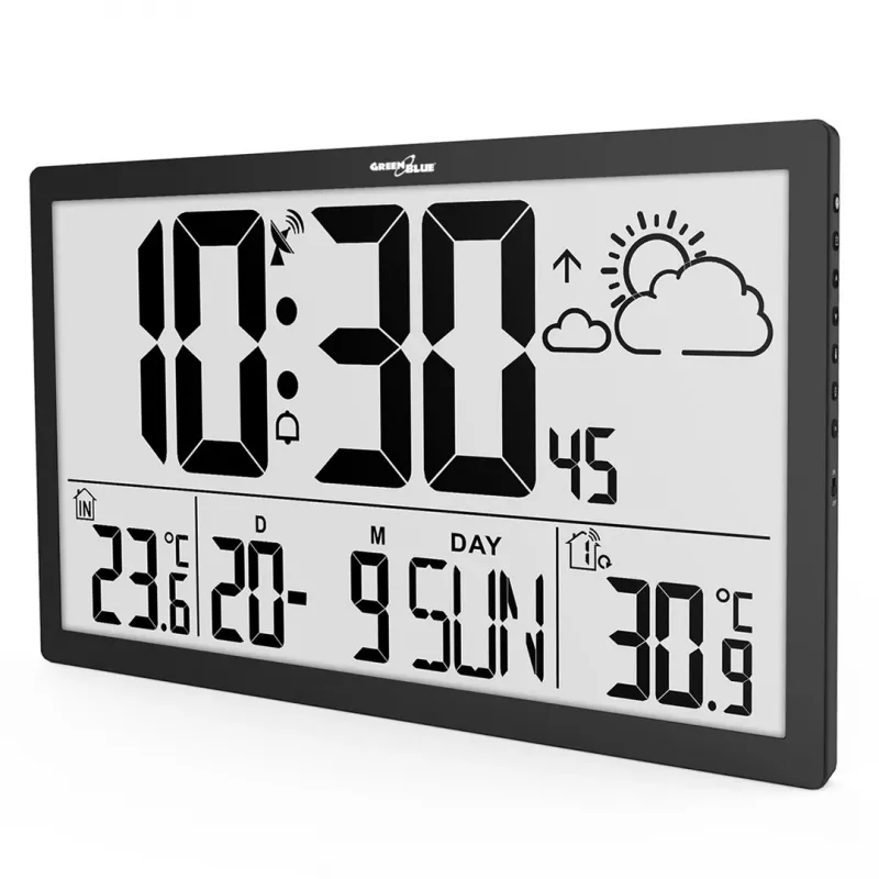 Nástenné hodiny GreenBlue GB218 — extra veľký LCD, meteorologická stanica, vnútorné/vonkajšie teploty, zobrazenie dátumu