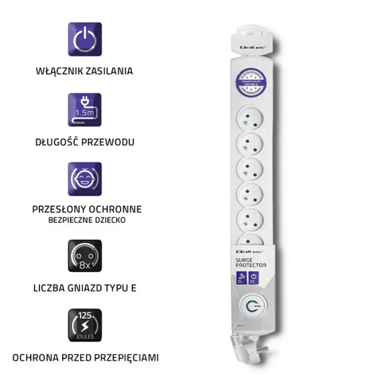 Prepäťová ochrana Qoltec 50293 biela 8 AC zásuviek 230 V