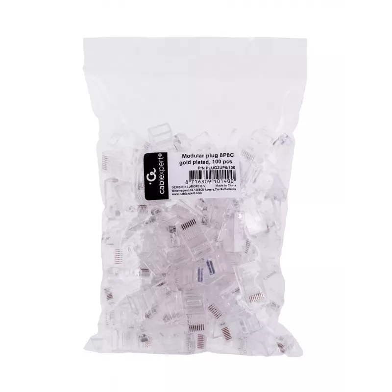 RJ45 konektor samec GEMBIRD PLUG3UP6/100, Cat5, rovný konektor, transparentný, pozlátené kontakty, balenie 100 ks