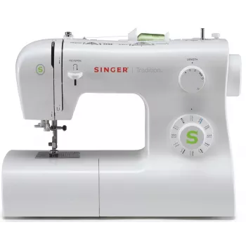 Šijací stroj SINGER Tradition 2273 — poloautomatický, 23 stehov, 4-krokové gombíkové dierky, voľné rameno, biela