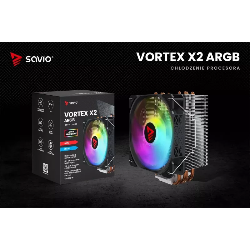 CPU vzduchový chladič SAVIO SAVGCOVORTEXX2ARGB s 4 heatpipes, 120-mm-ARGB ventilátor, čierny