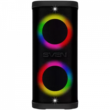Prenosný reproduktor SVEN PS-950, čierny, výstupný výkon 2x80W (RMS), TWS, Bluetooth, IPx4, FM, USB, microSD, LED displej, lítiová batéria