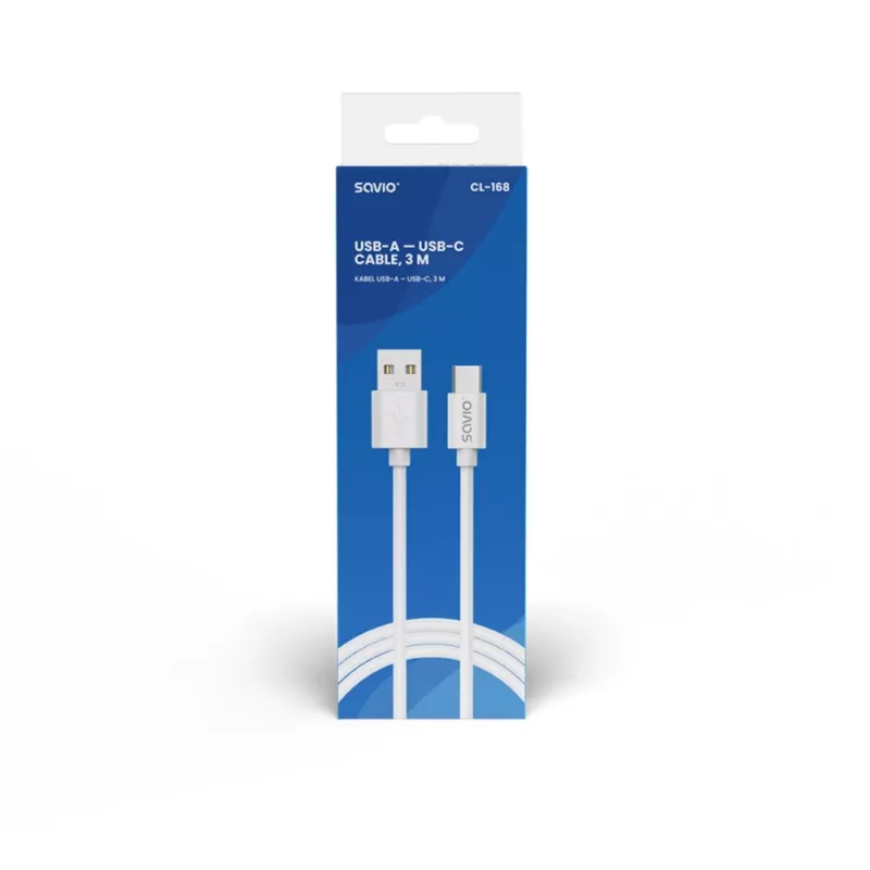 USB 2.0 kábel SAVIO CL-168, USB A (konektor samec) na USB C (konektor samec), 3 m, biely