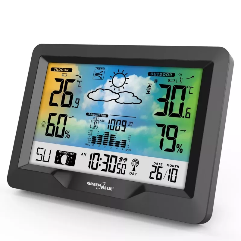 Hygrometer teplomer GreenBlue GB540 — interiérový 0–50°C / exteriérový -20–65°C, DCF hodiny, vonkajší senzor 60 m, čierny