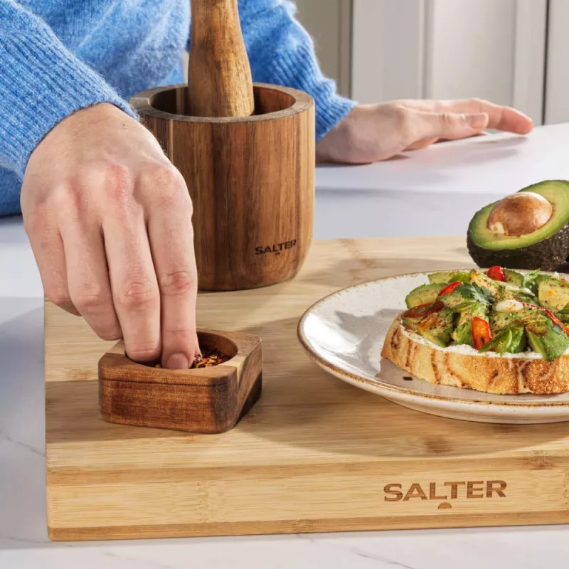 Salter Toronto BW127821EU7 misky na soľ a korenie z akáciového dreva s podnosom