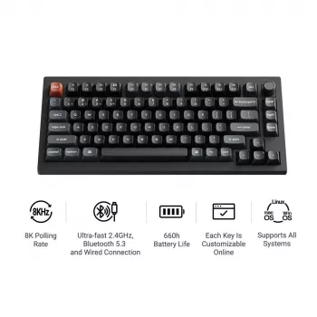 Mechanická klávesnica Keychron V1 Ultra 8K — 75% formát, QWERTY, Bluetooth, RGB, čierna