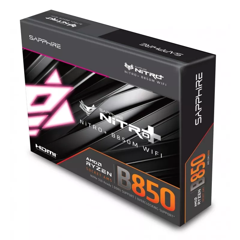Základná doska Sapphire NITRO+ B850M WIFI — AMD B850, socket AM5, micro ATX, DDR5, 4x DIMM, Wi‑Fi 6, 2,5Gb LAN, 2x M.2