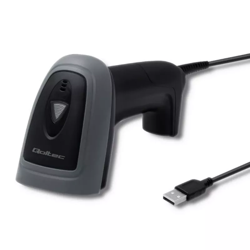 Ručný čítač čiarových kódov QOLTEC 50863 — 1D/2D skener, USB káblový, LED senzor, čierny, 5V, 1,8 m kábel