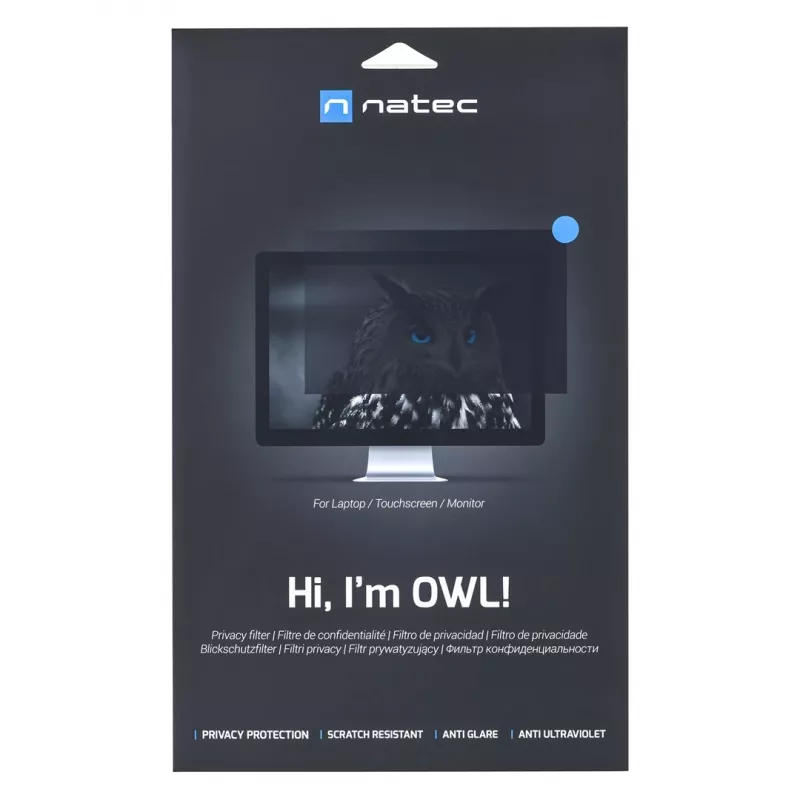 Bezrámový filter súkromia NATEC Owl 15,6 palcov (344,7×194 mm) pre 16:9 LCD notebooky, kompatibilný s dotykovou obrazovkou