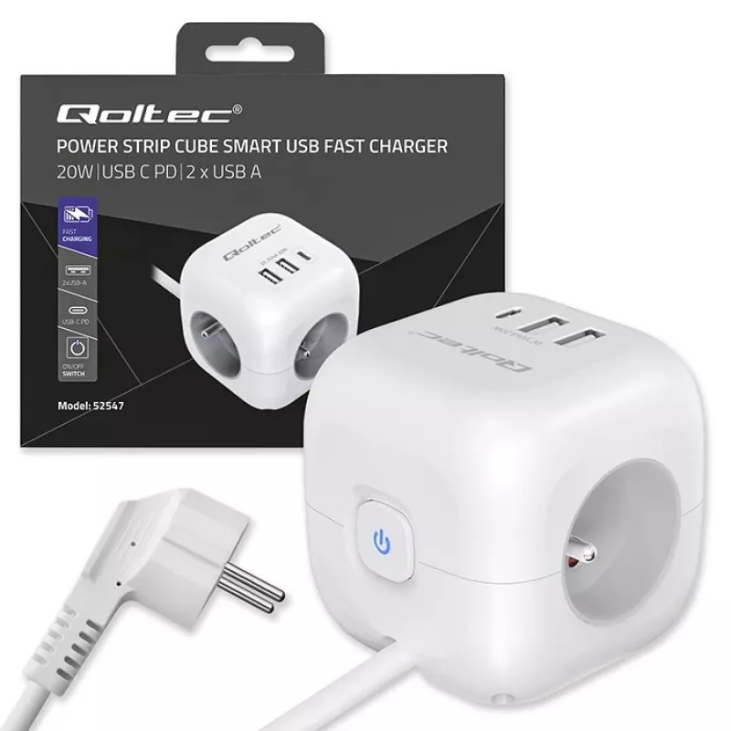 Power Cube QOLTEC 52547 predlžovacia zásuvka 3×AC zásuvky, 2×USB-A, 1×USB-C PD 20W