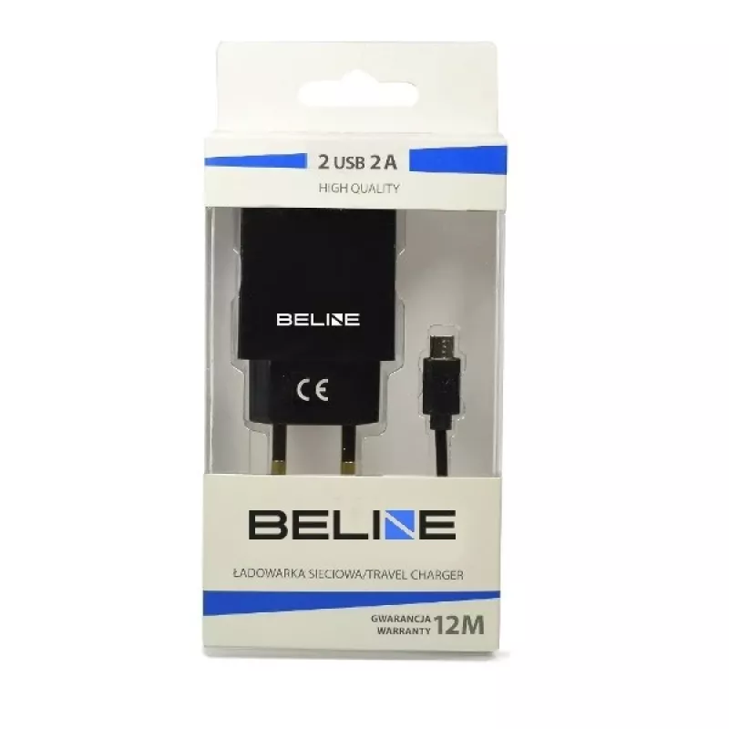 Cestovná nabíjačka Beline Beli0011 — 2×USB porty, microUSB kábel, 2A výstup, čierna