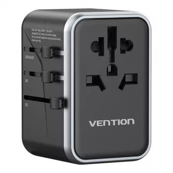 Vention cestovný adaptér FJFB0 65W — 2× USB-C PD/PPS, 2× USB-A (QC/BC), HDMI výstup, hliník/čierna