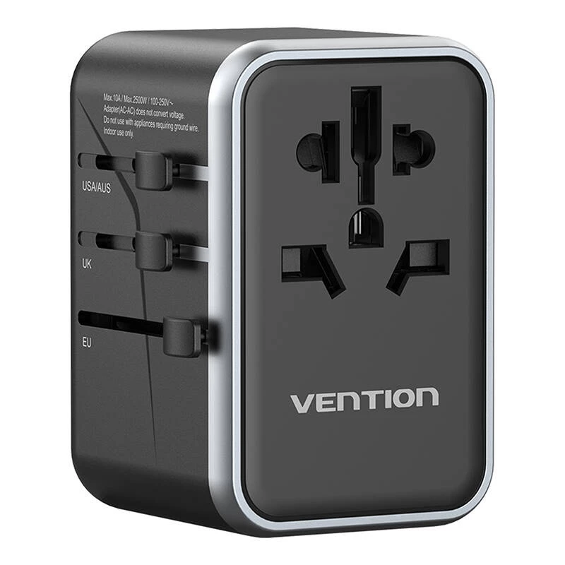 Vention cestovný adaptér a nabíjačka GaN 65 W, 2x USB-A 2x USB-C, čierna