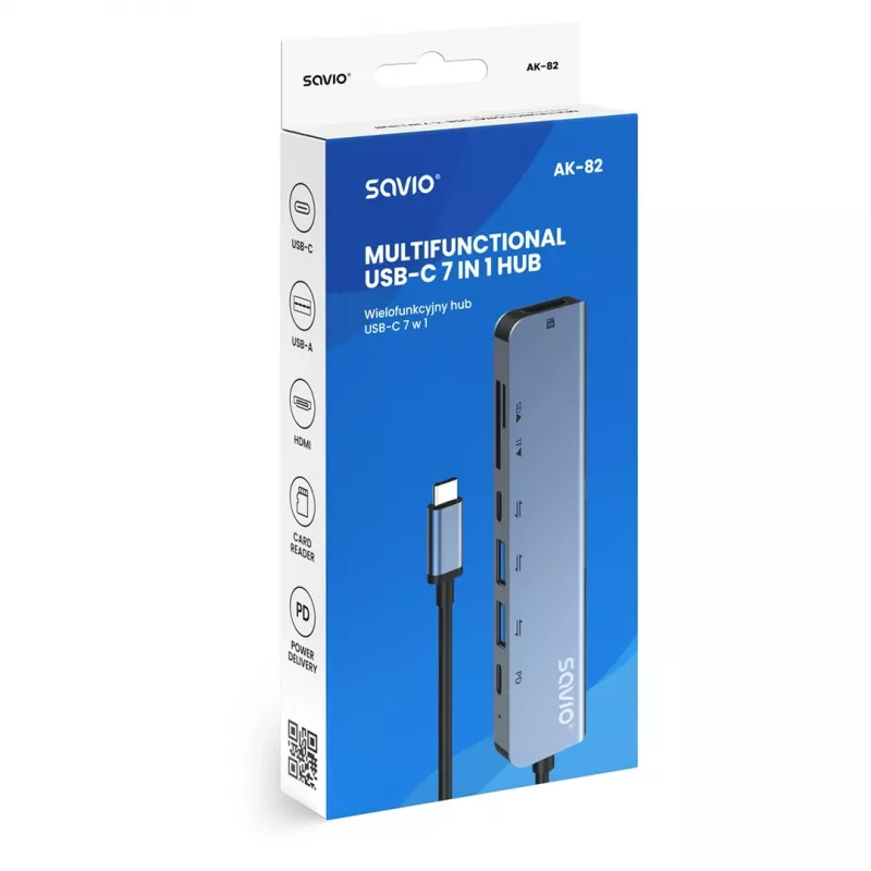 USB Type-C hub SAVIO AK-82 s HDMI, MicroSD, USB 3.2 Gen1, PD priechod, 4K@30Hz, 5000 Mbit/s, čierny