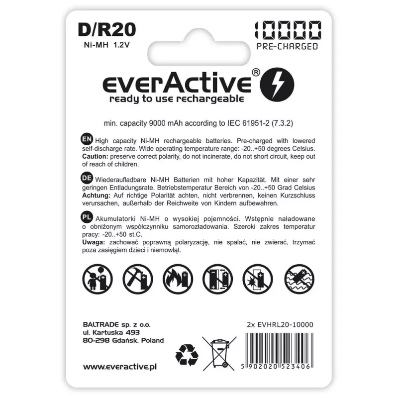 Nabíjateľná batéria everActive EVHRL20-10000 D NiMH 1,2 V 2 ks