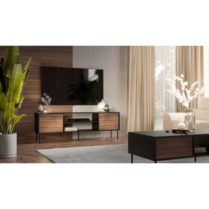 TV skrinka cama meble EF CORTINA 180×40×60 cm, vrchná doska čierna, rám orech