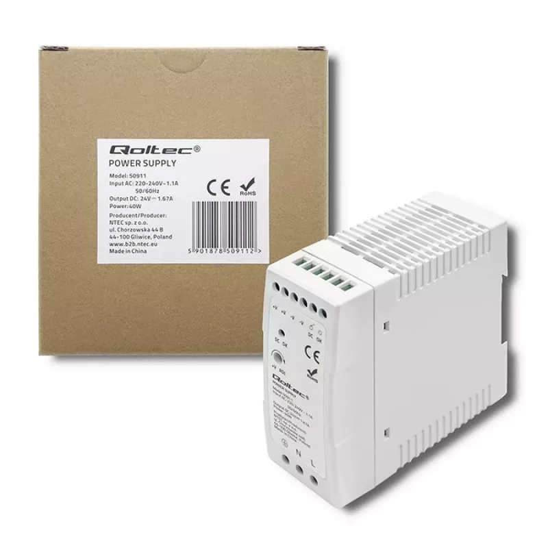 Qoltec Din Rail napájací zdroj | 40W | 24V | 1.67A | biely | štíhly