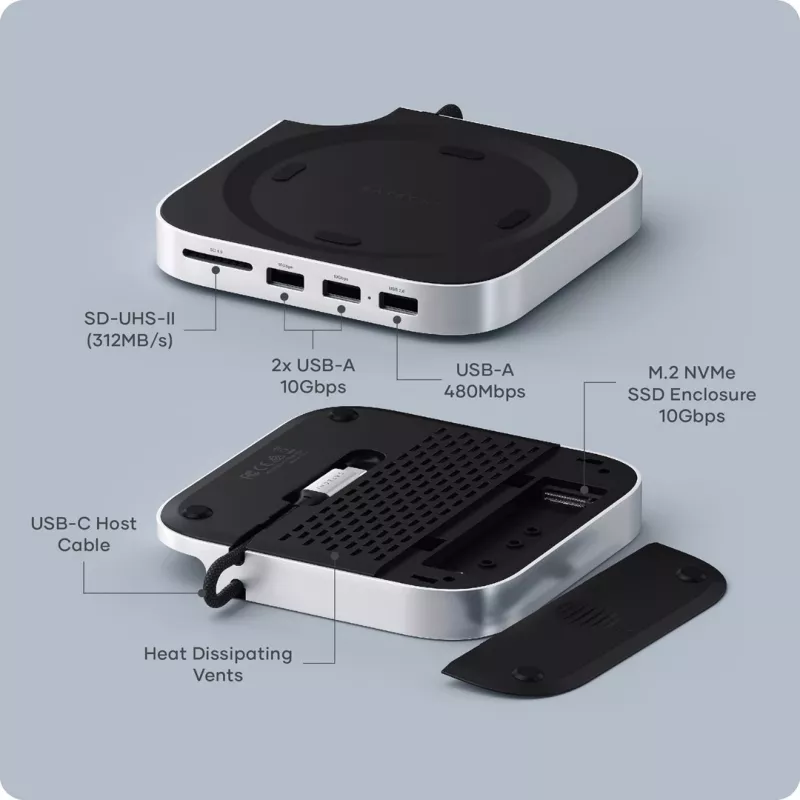 Satechi dokovacia stanica/replikátor portov pre notebook ST-GNMMES — káblový USB 3.2 Gen 2 Type-C hub, USB-A & SD, strieborný