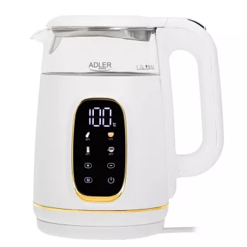 Rýchlovarná kanvica Adler AD 1305WG — 1,7 l, 2200 W, sklo/plast, biela/zlatá/transparentná
