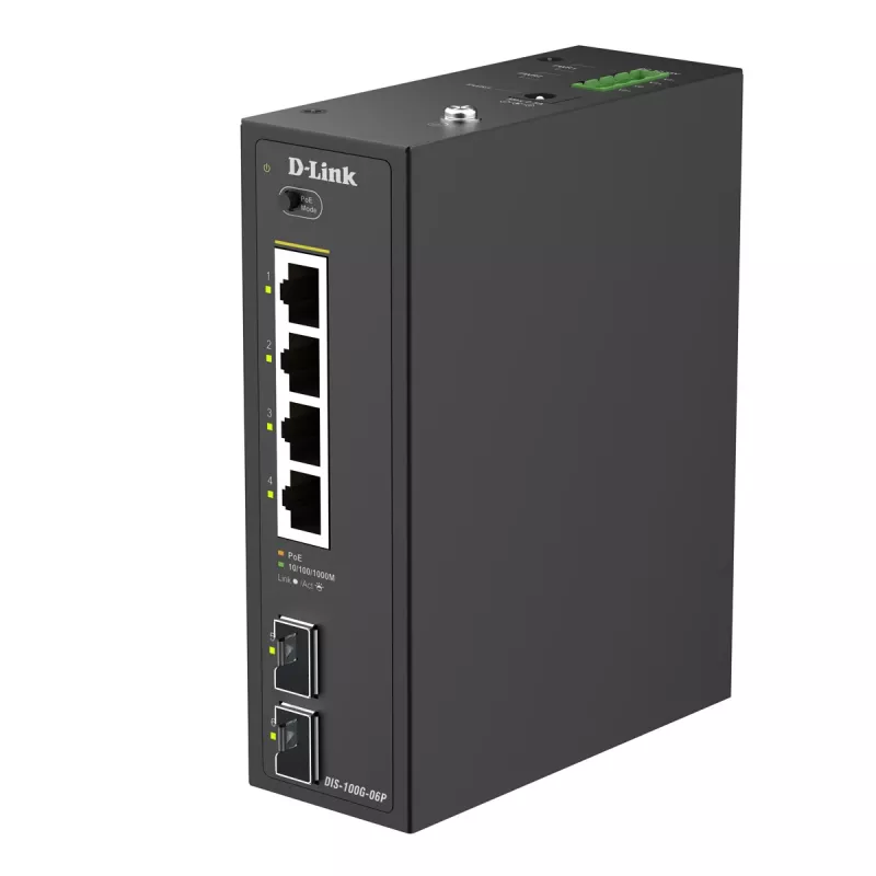D-Link 6-portový gigabitový priemyselný PoE+ neupravovateľný switch s 2 x SFP portami