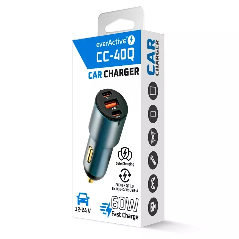 Auto nabíjačka everActive CC-40Q QC3.0 60W, USB auto adaptér na nabíjanie mobilných zariadení