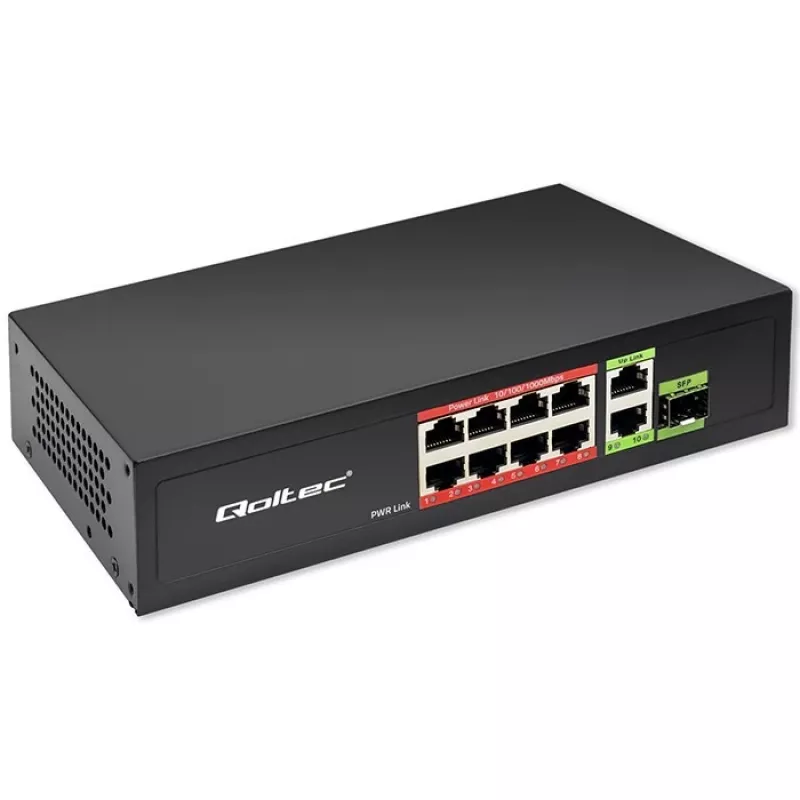 Ethernet switch QOLTEC 52297 PoE RJ45 s PoE uplink a SFP portom