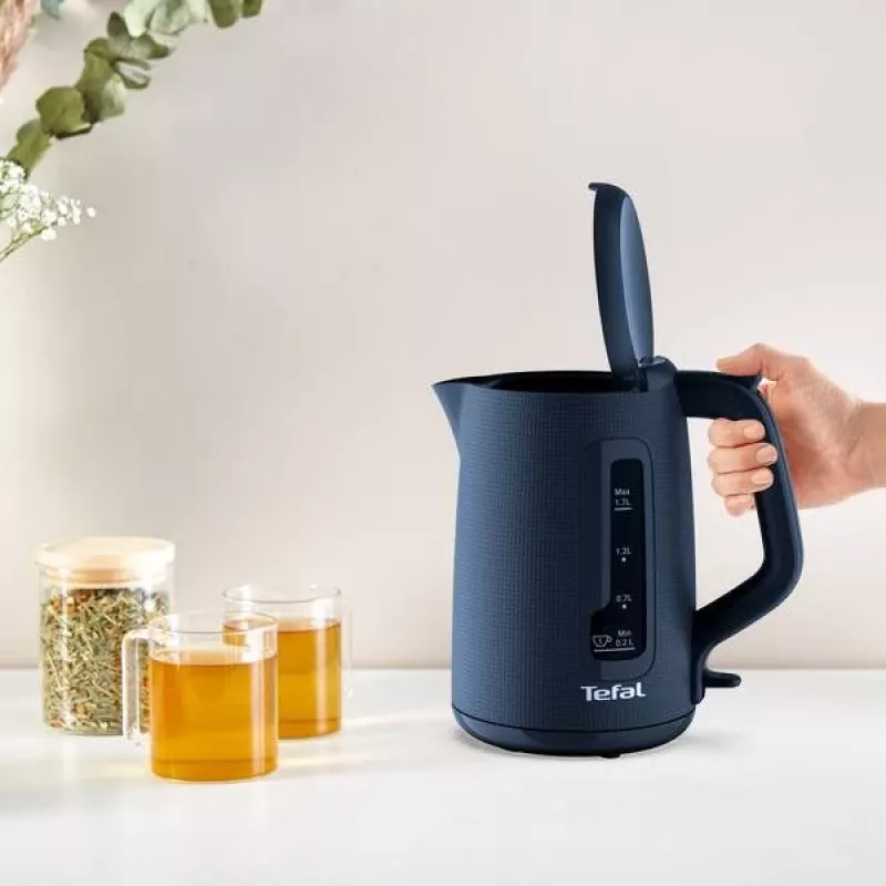 Elektrická kanvica Tefal KO2M0410 — 1,7 L, 2400 W, modrá, ukazovateľ hladiny vody, filter proti vodnému kameňu